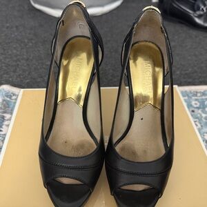 Michael Kors Black Peep-Toe Leather Heels with Gold Insole